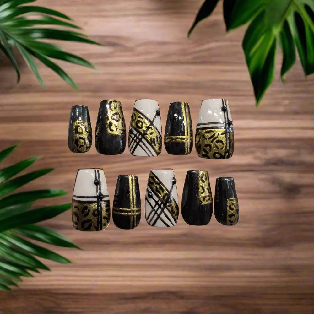 Black and Gold Leopard Nails | Luxury Press On Nails Set with Animal Print Chrome Stripe | 10pc Reusable Nail Set UK Product vendor Nikki Nailed it