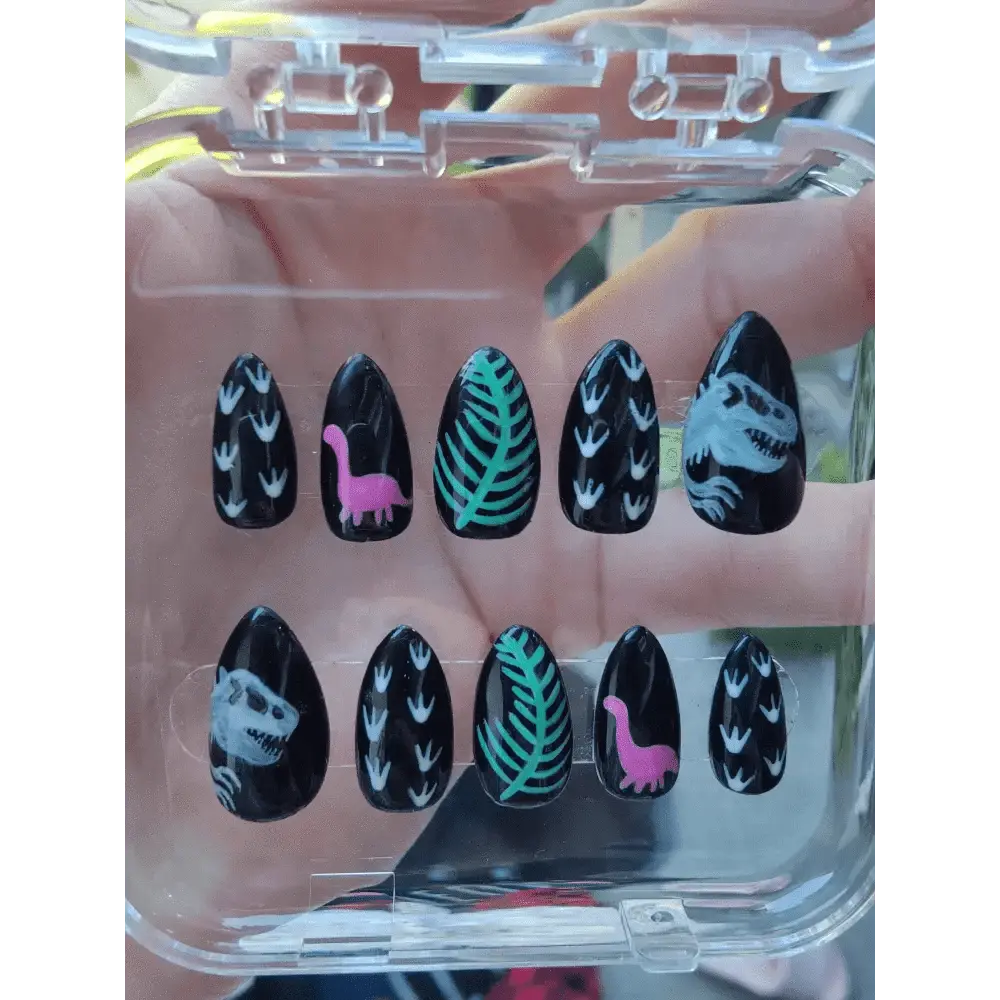 Black and Neon Dinosaur Nails Set | Luxury Reusable Gel Nails | Jurassic World 10pc Nail Kit - Nikki Nailed it
