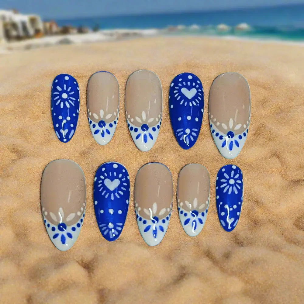 Blue Greek Porcelain Nails | Luxury Pattern Gel Press On Nails | Reusable Artificial Nails Product vendor Nikki Nailed it