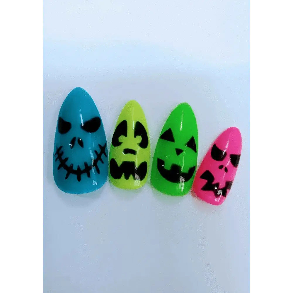 Halloween Press On Scary Face Nails | Neon Black Luxury Gel Nails Set | Reusable 10pc Artificial Nails - Nikki Nailed it