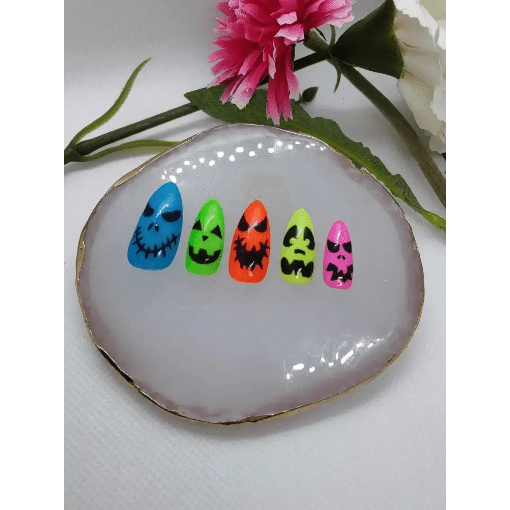 Halloween Press On Scary Face Nails | Neon Black Luxury Gel Nails Set | Reusable 10pc Artificial Nails - Nikki Nailed it