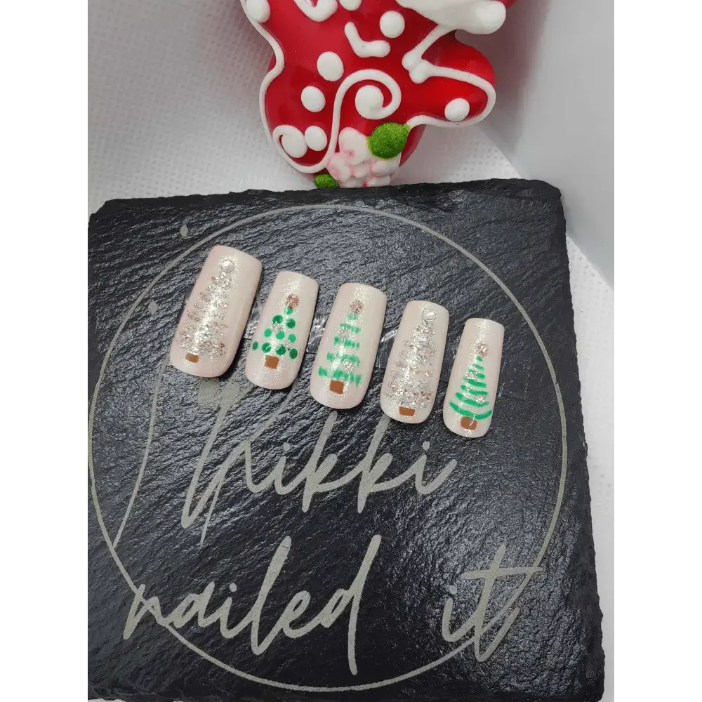 Nailmas Day 05 Nude Chrome Christmas Tree Nails - Hand Painted Luxury Press On Christmas Tree Nails - Nikki Nailed it