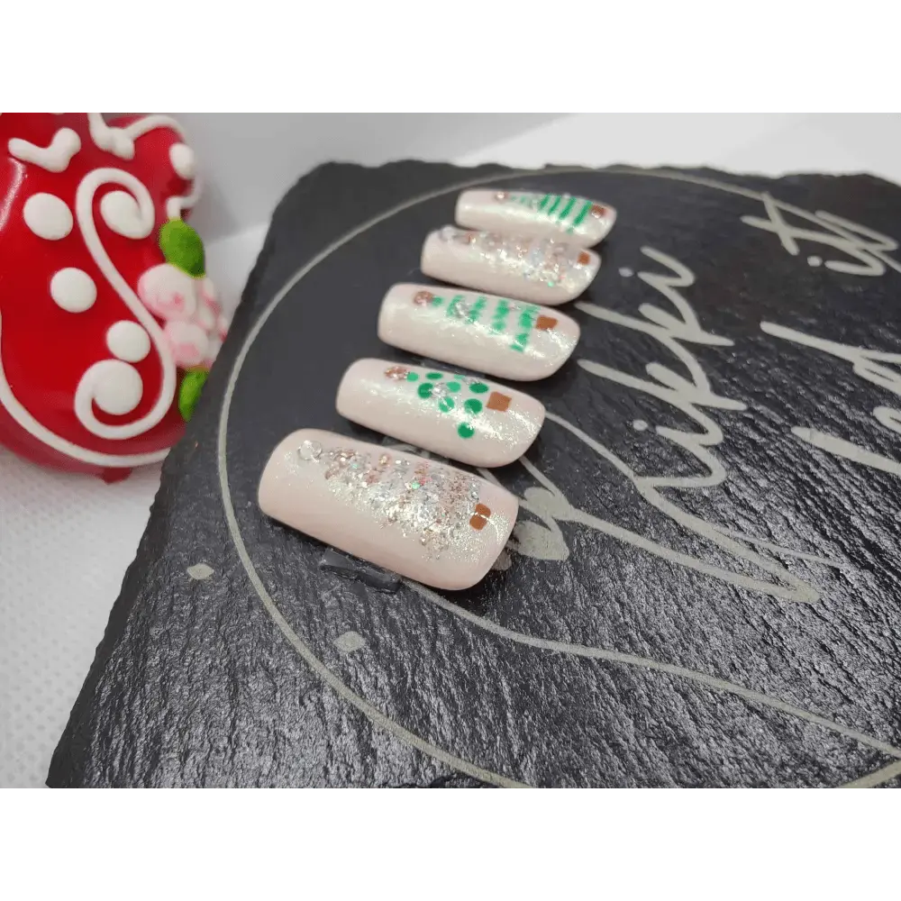 Nailmas Day 05 Nude Chrome Christmas Tree Nails - Hand Painted Luxury Press On Christmas Tree Nails - Nikki Nailed it