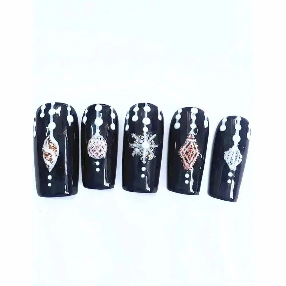 Nailmas Day 06 Midnight Bauble Nails - Hand Painted Glitter Press On Nails | Navy Blue Design | Luxury Nail Art by Nikki Nailed - Nikki Nailed it