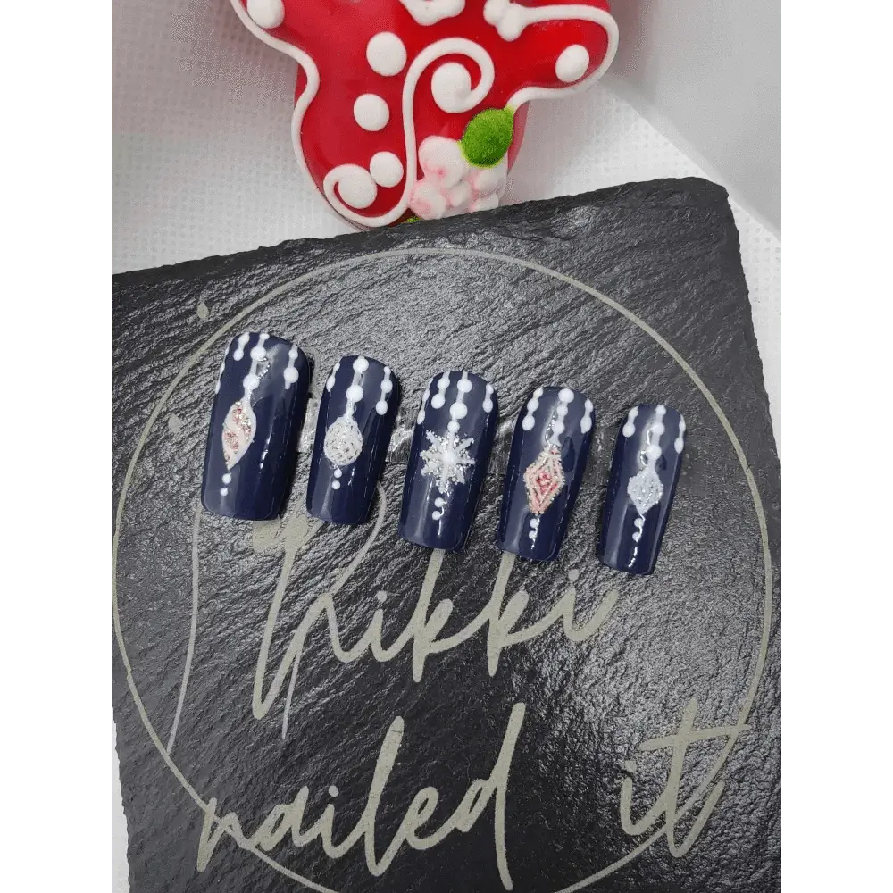Nailmas Day 06 Midnight Bauble Nails - Hand Painted Glitter Press On Nails | Navy Blue Design | Luxury Nail Art by Nikki Nailed - Nikki Nailed it