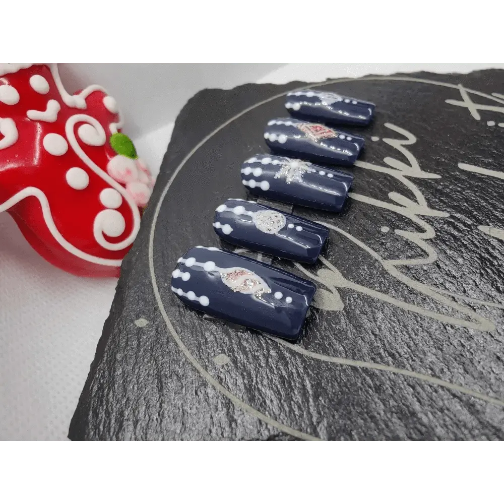 Nailmas Day 06 Midnight Bauble Nails - Hand Painted Glitter Press On Nails | Navy Blue Design | Luxury Nail Art by Nikki Nailed - Nikki Nailed it