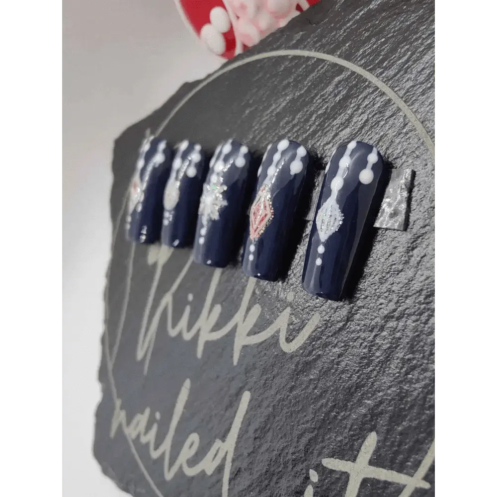 Nailmas Day 06 Midnight Bauble Nails - Hand Painted Glitter Press On Nails | Navy Blue Design | Luxury Nail Art by Nikki Nailed - Nikki Nailed it