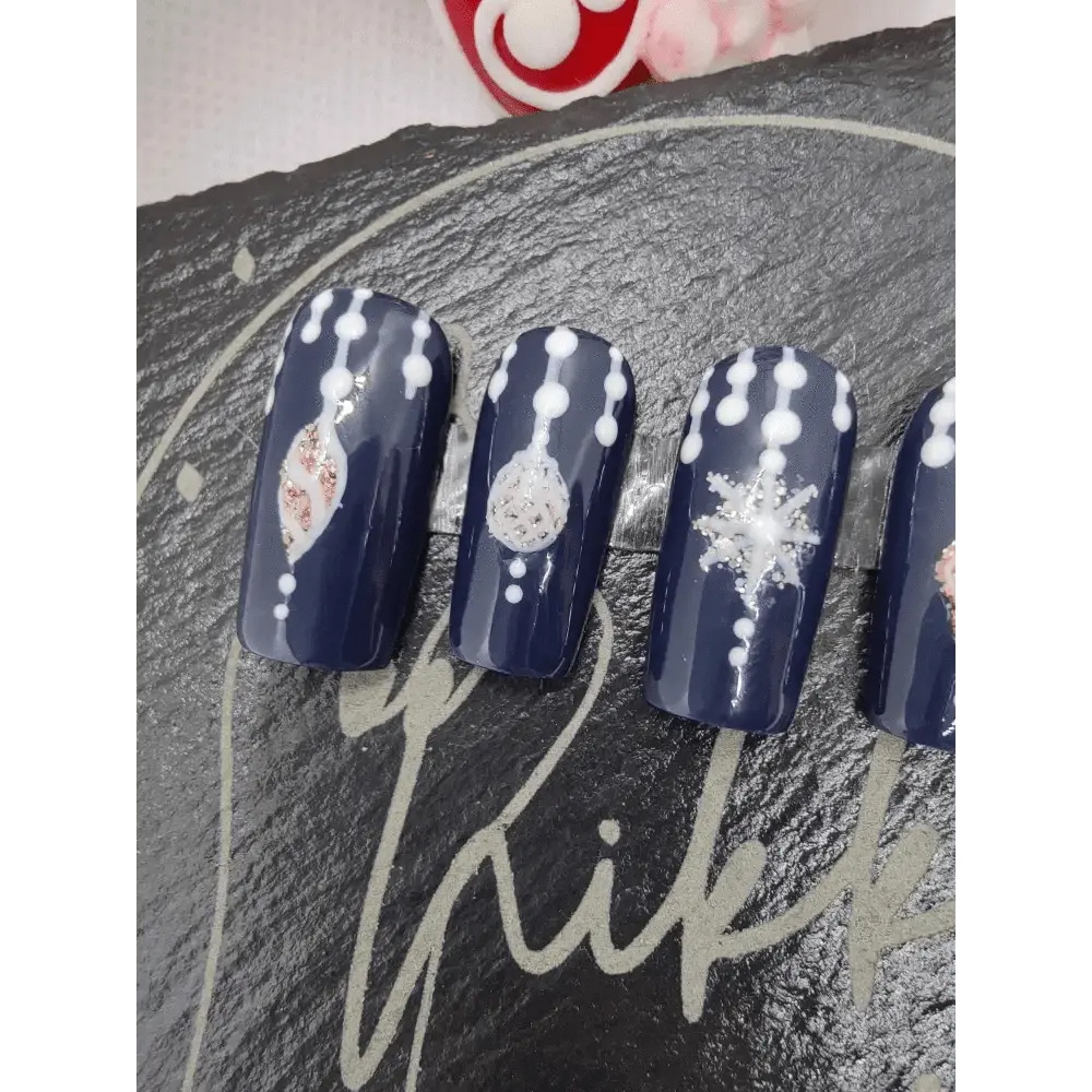 Nailmas Day 06 Midnight Bauble Nails - Hand Painted Glitter Press On Nails | Navy Blue Design | Luxury Nail Art by Nikki Nailed - Nikki Nailed it