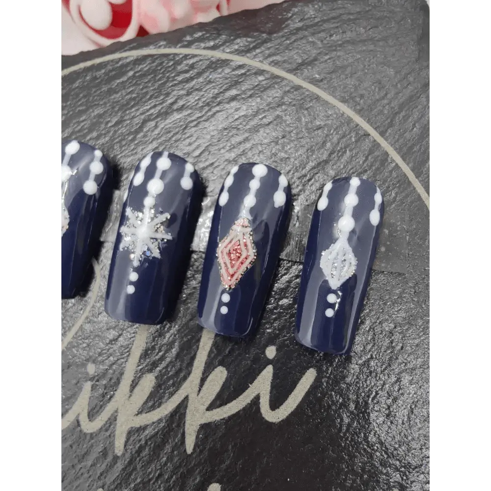 Nailmas Day 06 Midnight Bauble Nails - Hand Painted Glitter Press On Nails | Navy Blue Design | Luxury Nail Art by Nikki Nailed - Nikki Nailed it