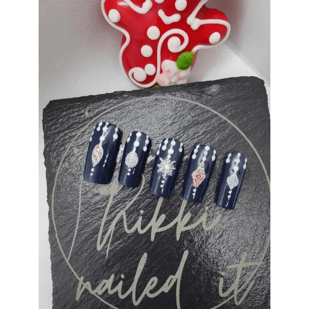 Nailmas Day 06 Midnight Bauble Nails - Hand Painted Glitter Press On Nails | Navy Blue Design | Luxury Nail Art by Nikki Nailed - Nikki Nailed it
