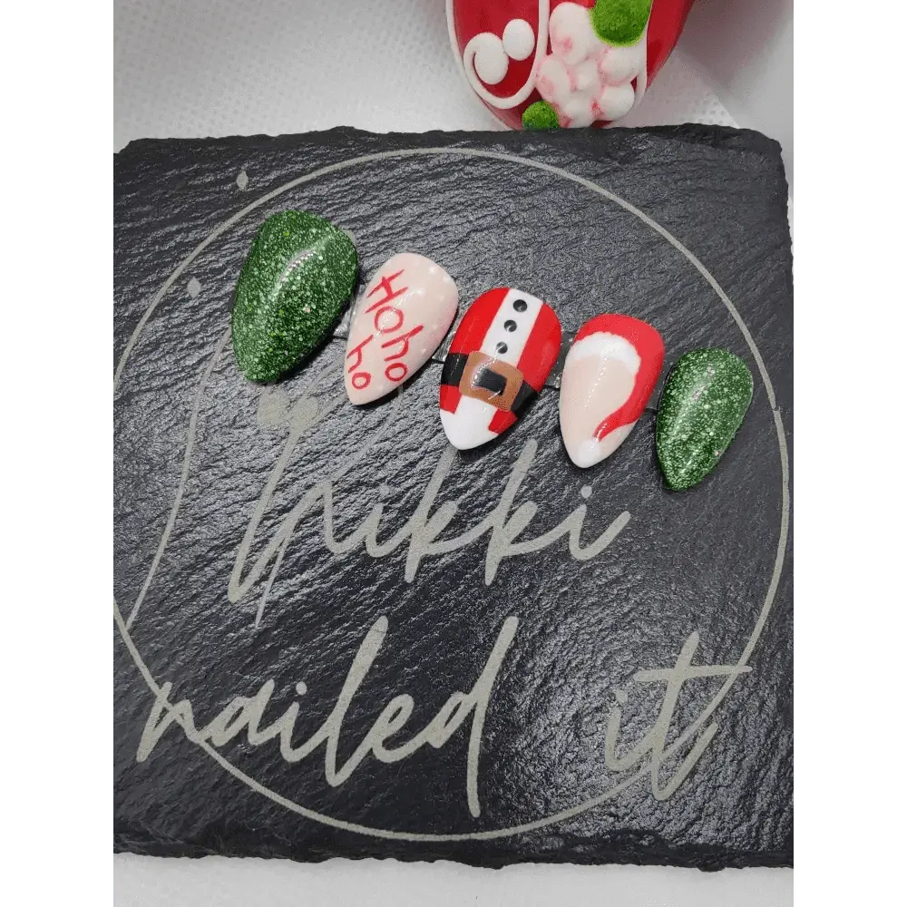 Nailmas Day 08 Santa Nails - Hand Painted Christmas Nails | Red & Green Christmas Santa Press On Nails | Luxury Nail Art by Nikki Nailed - Nikki Nailed it