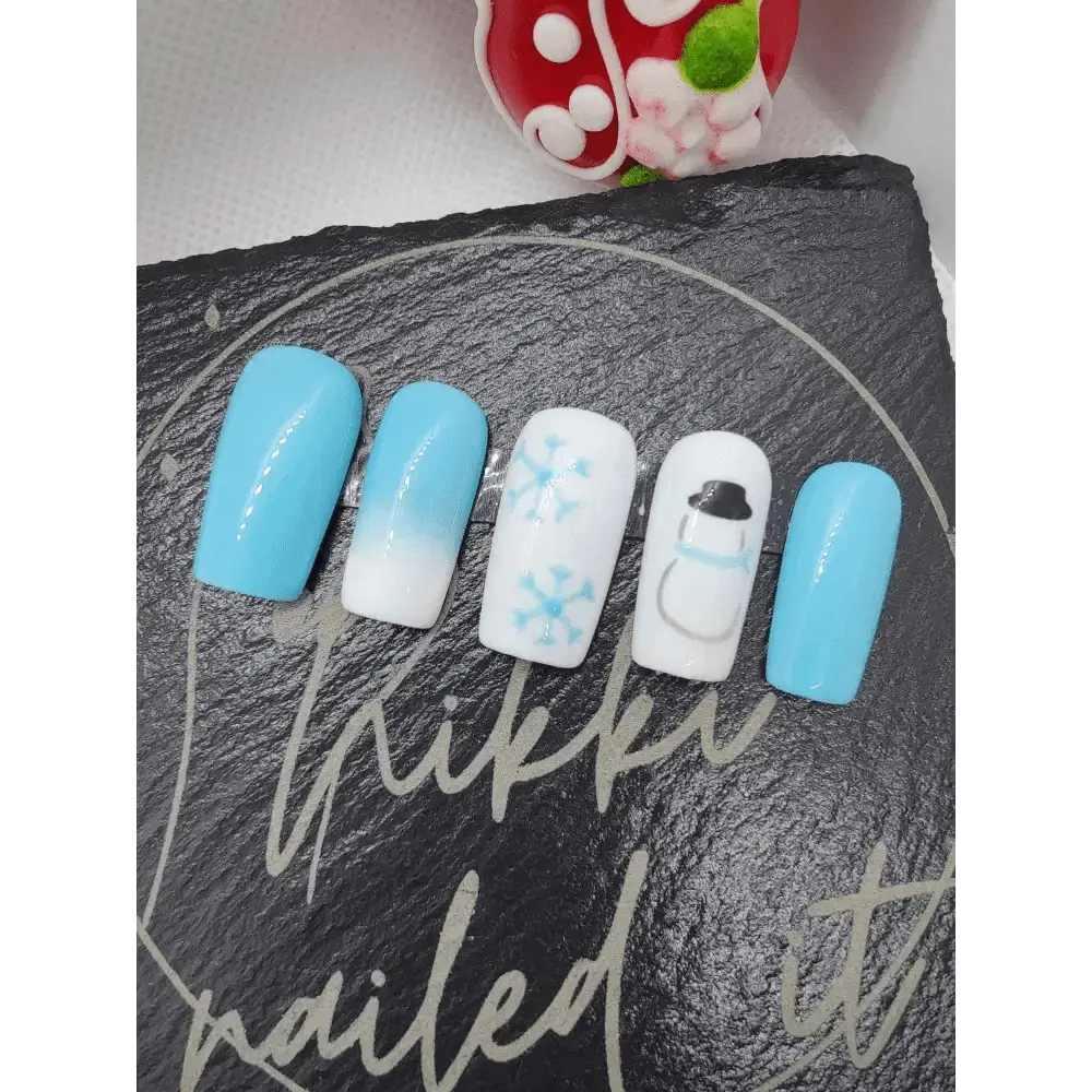 Nailmas Day 09 Snowman Nails - Hand Painted Icey Blue & White Press On Nails | Luxury Xmas Advent Nail Art - Nikki Nailed it