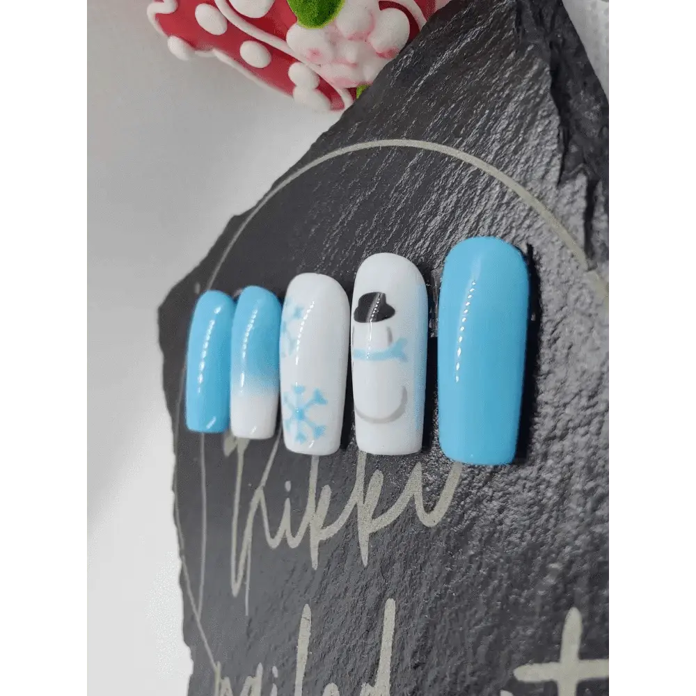 Nailmas Day 09 Snowman Nails - Hand Painted Icey Blue & White Press On Nails | Luxury Xmas Advent Nail Art - Nikki Nailed it