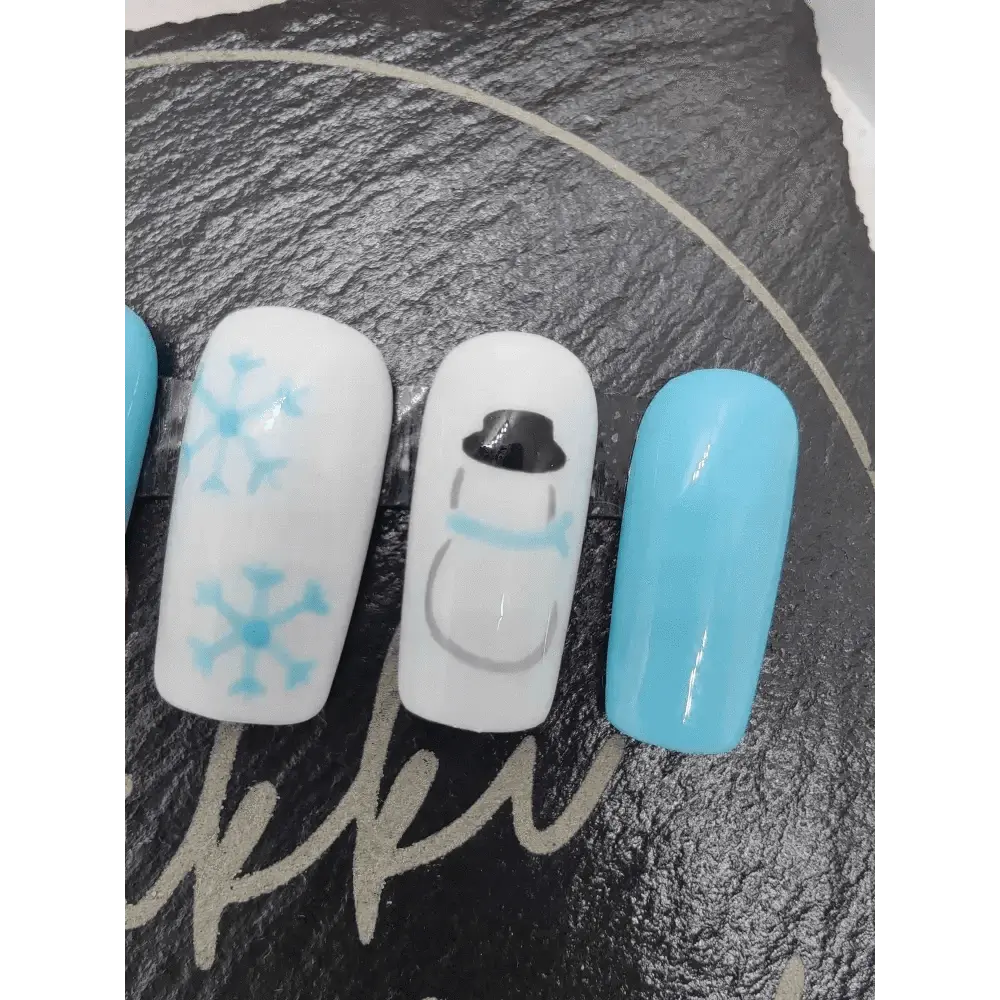 Nailmas Day 09 Snowman Nails - Hand Painted Icey Blue & White Press On Nails | Luxury Xmas Advent Nail Art - Nikki Nailed it