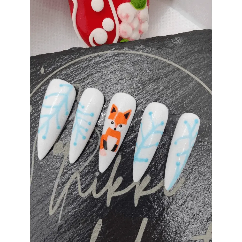 Nailmas Day 10 Ice Fox Nails - Hand Painted Fox Press On Nails | Luxury Ice Blue & White Winter Design by Nikki Nailed - Nikki Nailed it