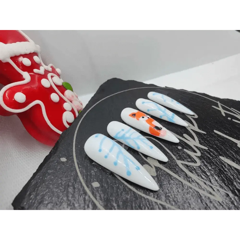 Nailmas Day 10 Ice Fox Nails - Hand Painted Fox Press On Nails | Luxury Ice Blue & White Winter Design by Nikki Nailed - Nikki Nailed it