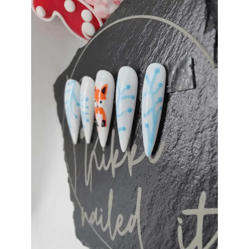 Nailmas Day 10 Ice Fox Nails - Hand Painted Fox Press On Nails | Luxury Ice Blue & White Winter Design by Nikki Nailed - Nikki Nailed it