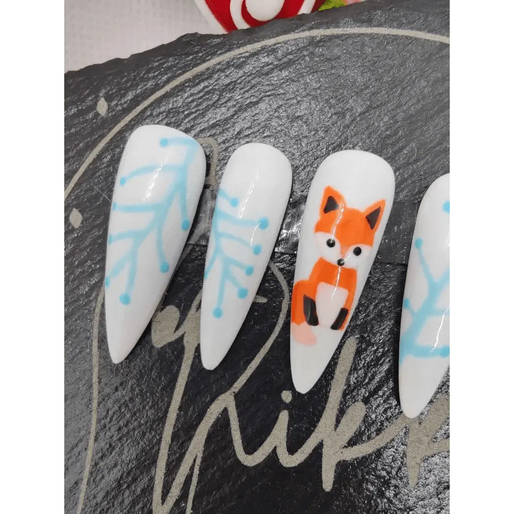 Nailmas Day 10 Ice Fox Nails - Hand Painted Fox Press On Nails | Luxury Ice Blue & White Winter Design by Nikki Nailed - Nikki Nailed it