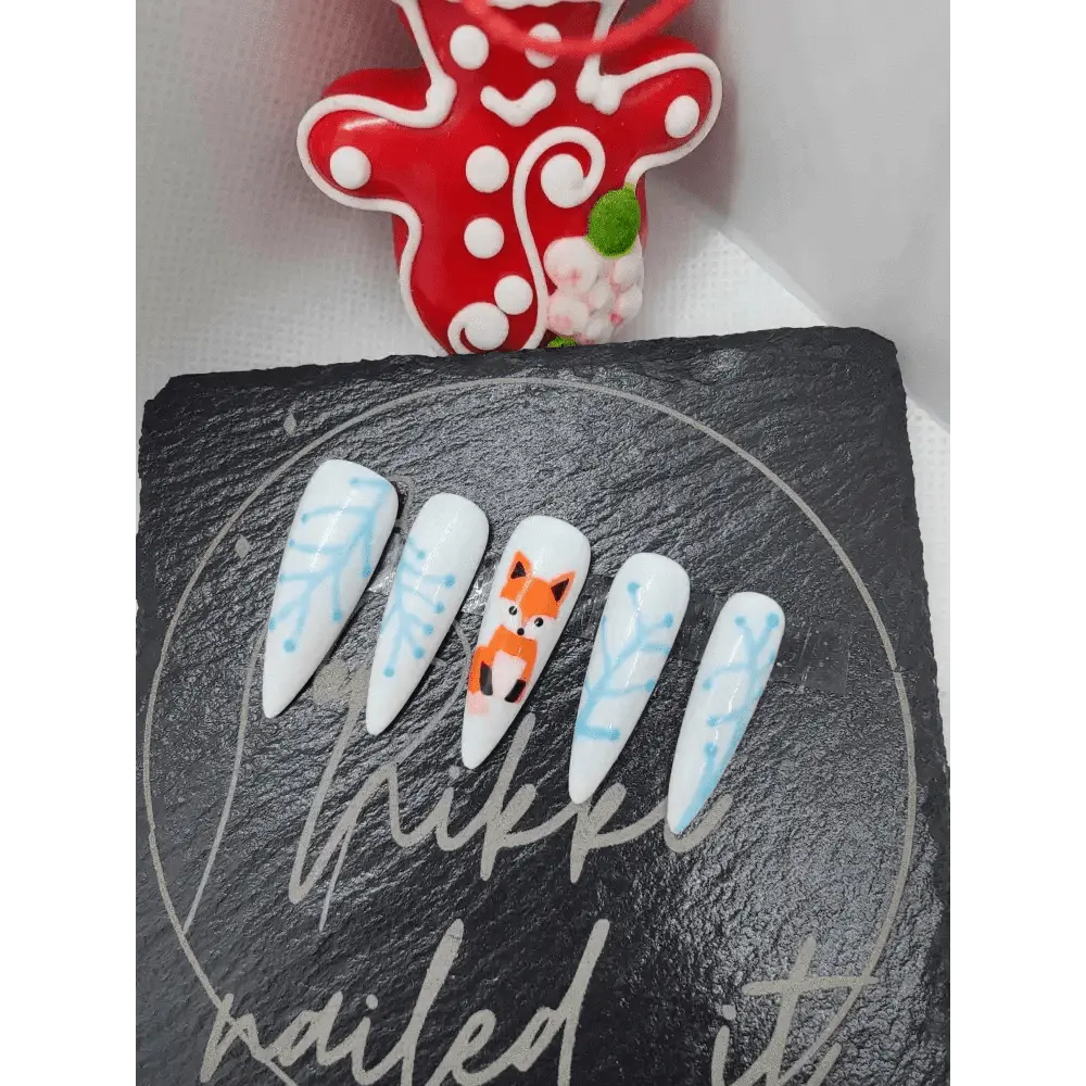 Nailmas Day 10 Ice Fox Nails - Hand Painted Fox Press On Nails | Luxury Ice Blue & White Winter Design by Nikki Nailed - Nikki Nailed it