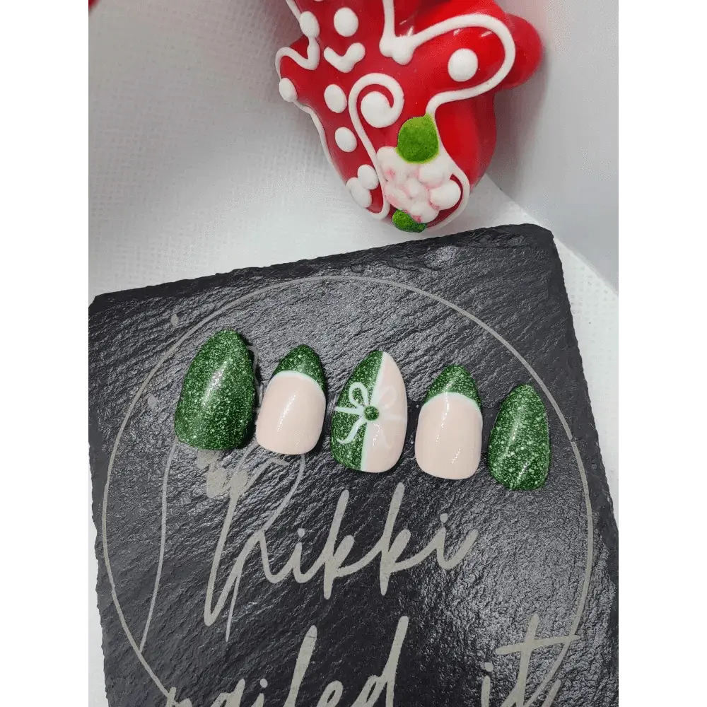 Nailmas Day 11 Green Glitter Gift Nails Hand Painted Luxury Press On Christmas Advent Art - Nikki Nailed it