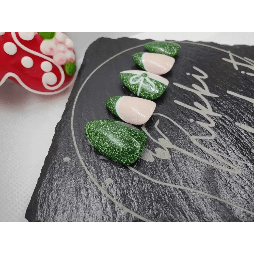 Nailmas Day 11 Green Glitter Gift Nails Hand Painted Luxury Press On Christmas Advent Art - Nikki Nailed it