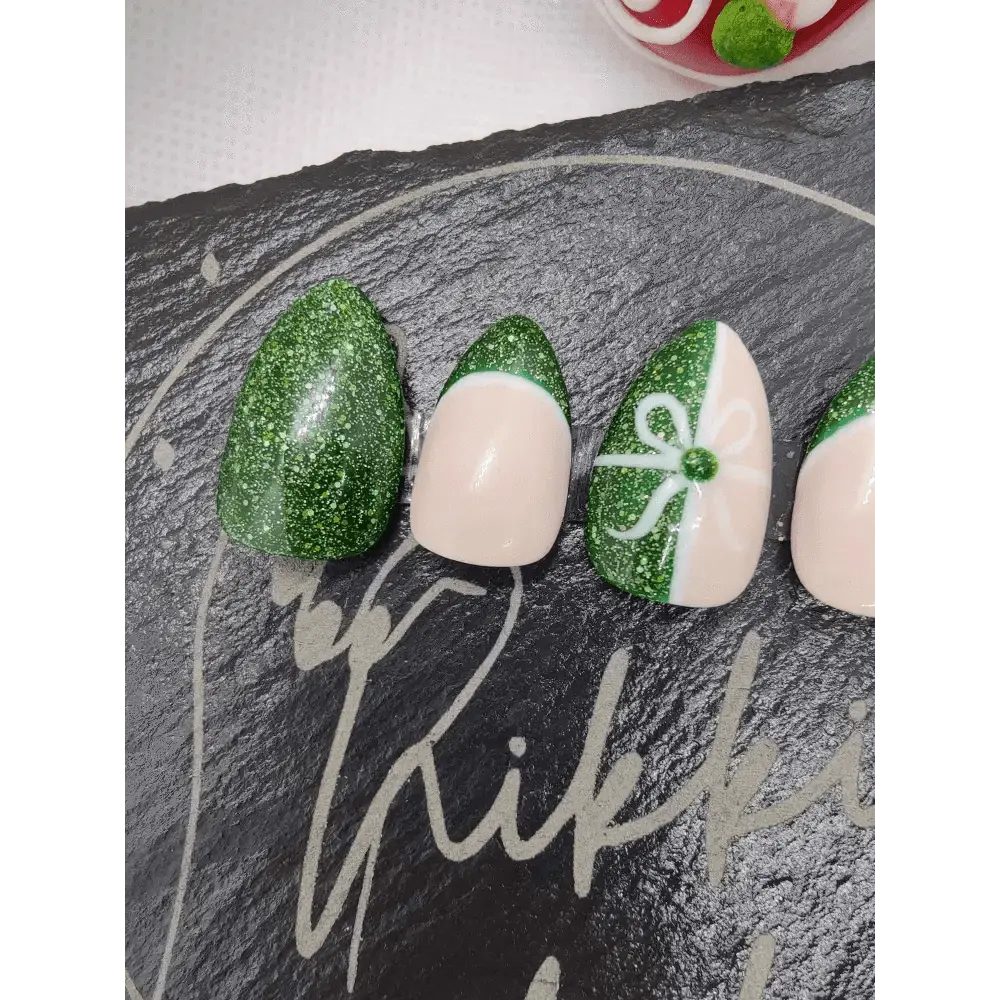 Nailmas Day 11 Green Glitter Gift Nails Hand Painted Luxury Press On Christmas Advent Art - Nikki Nailed it
