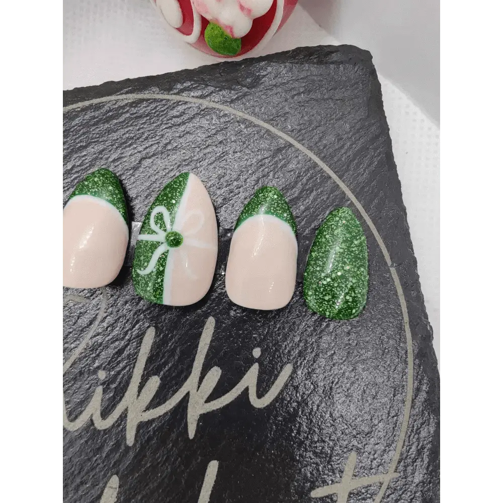 Nailmas Day 11 Green Glitter Gift Nails Hand Painted Luxury Press On Christmas Advent Art - Nikki Nailed it