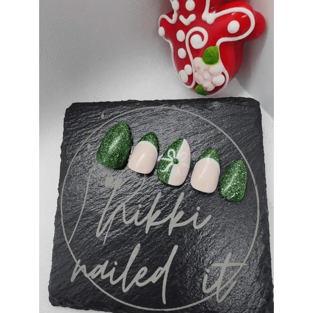 Nailmas Day 11 Green Glitter Gift Nails Hand Painted Luxury Press On Christmas Advent Art - Nikki Nailed it