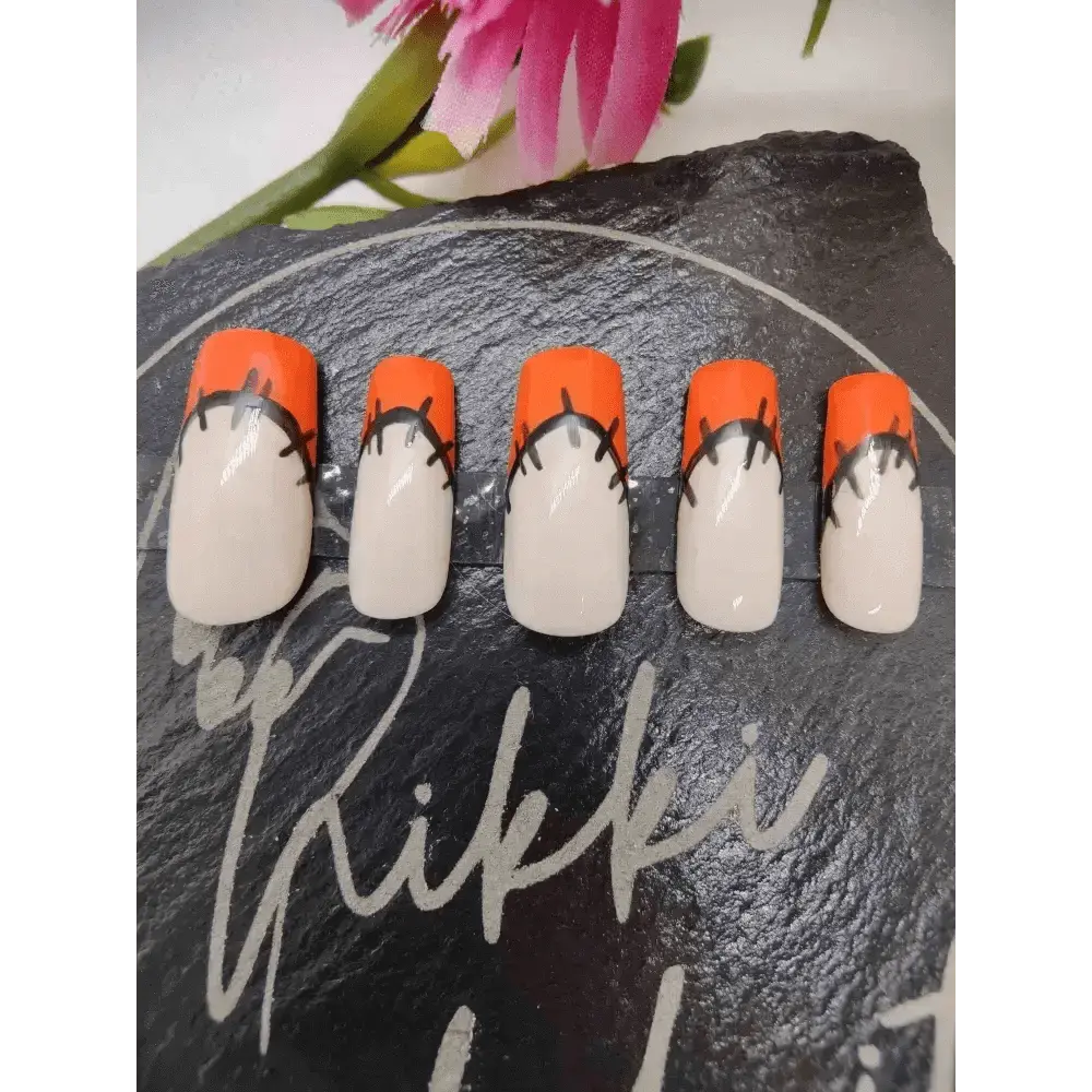 Patchwork Orange French Tip Nails | Halloween Press On Gel Nails | Luxury Reusable 10pc Artificial Nails - Nikki Nailed it