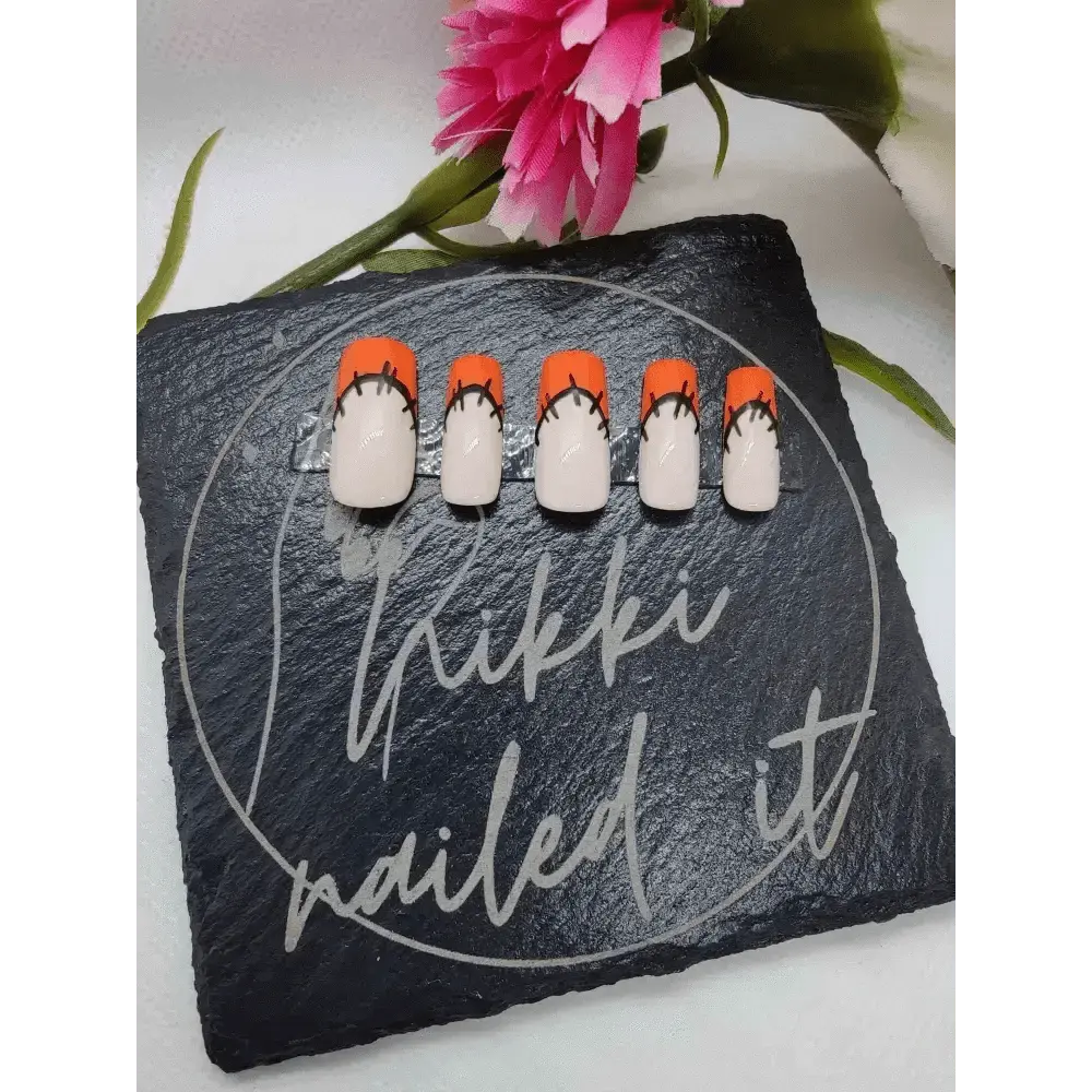 Patchwork Orange French Tip Nails | Halloween Press On Gel Nails | Luxury Reusable 10pc Artificial Nails - Nikki Nailed it