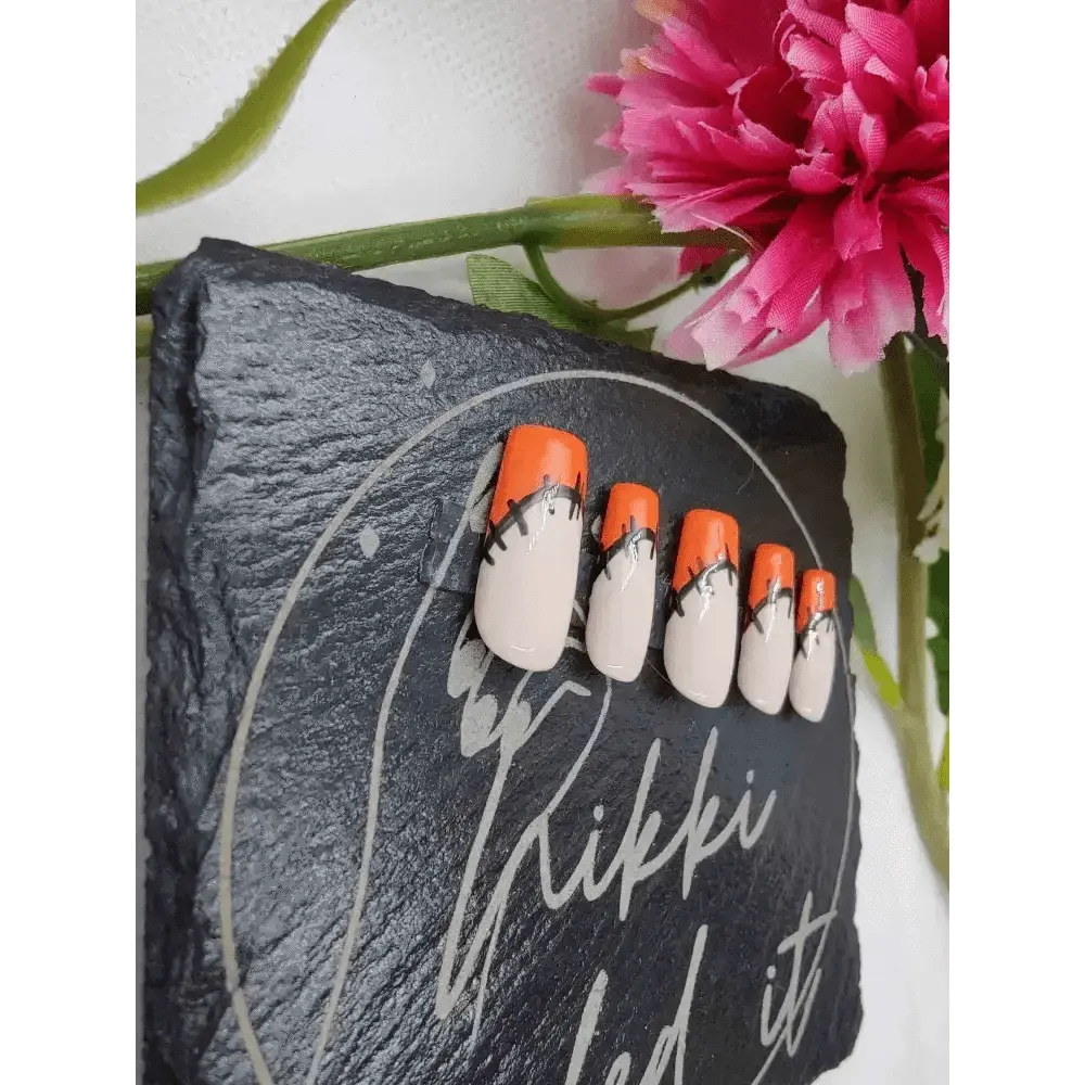 Patchwork Orange French Tip Nails | Halloween Press On Gel Nails | Luxury Reusable 10pc Artificial Nails - Nikki Nailed it