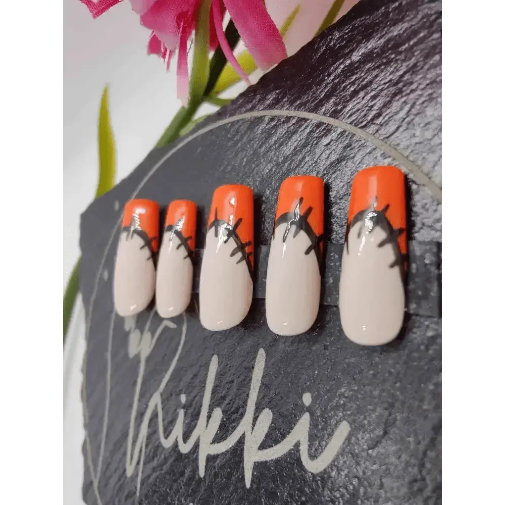 Patchwork Orange French Tip Nails | Halloween Press On Gel Nails | Luxury Reusable 10pc Artificial Nails - Nikki Nailed it