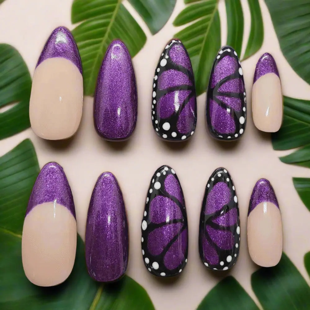 Purple Butterfly Nails Press On | Luxury Reusable Artificial 10pc Nail Set | UK - Nikki Nailed it