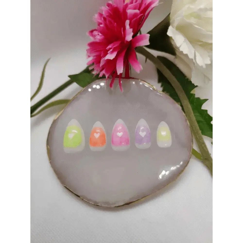 Rainbow Marble Heart Nails | Luxury Press On Gel Nails | 10pc Reusable Artificial Nails UK - Nikki Nailed it