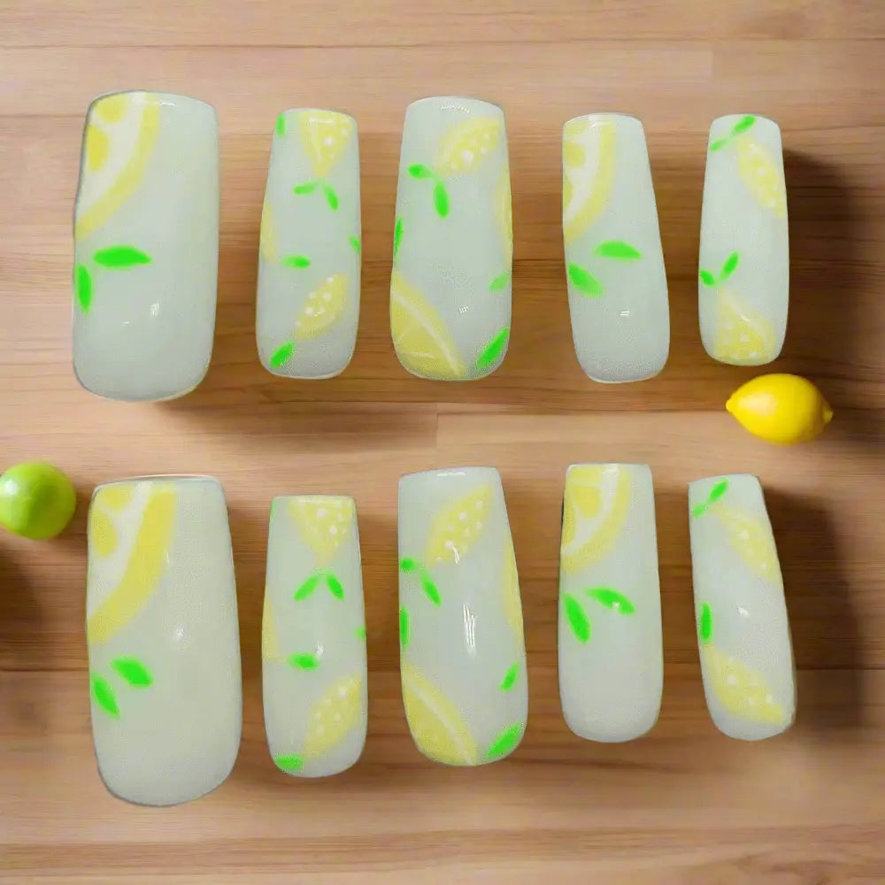 Yellow Lemon Nails Press On | Luxury Reusable 10pc Nail Set | Fruit Themed Press Ons UK - Nikki Nailed it