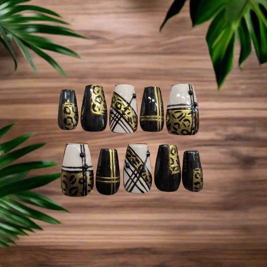 Black and Gold Leopard Nails | Luxury Press On Nails Set with Animal Print Chrome Stripe | 10pc Reusable Nail Set UK Product vendor   Nikki Nailed it