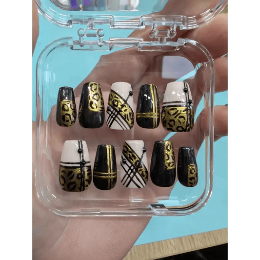 Black and Gold Leopard Nails | Luxury Press On Nails Set with Animal Print Chrome Stripe | 10pc Reusable Nail Set UK - Nikki Nailed it