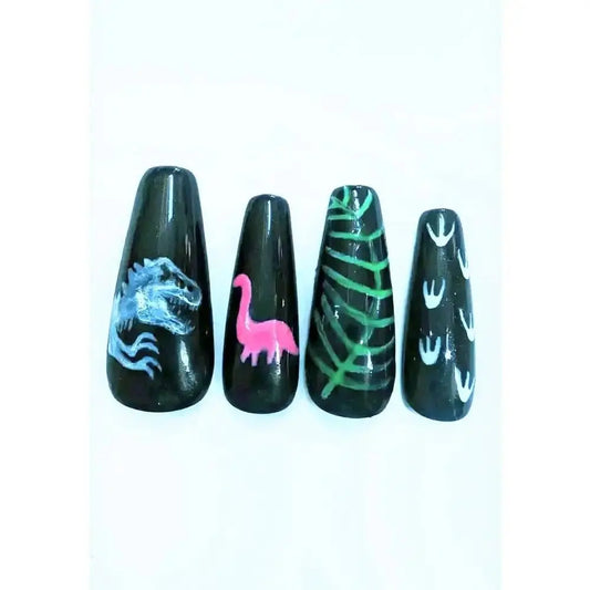 Black and Neon Dinosaur Nails Set | Luxury Reusable Gel Nails | Jurassic World 10pc Nail Kit - Nikki Nailed it