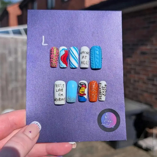 Blue Disco Flanders Nails - Limited Edition Mix & Match Press On Nails | Luxury 10pc Set UK | Artificial Reusable Nails - Nikki Nailed it