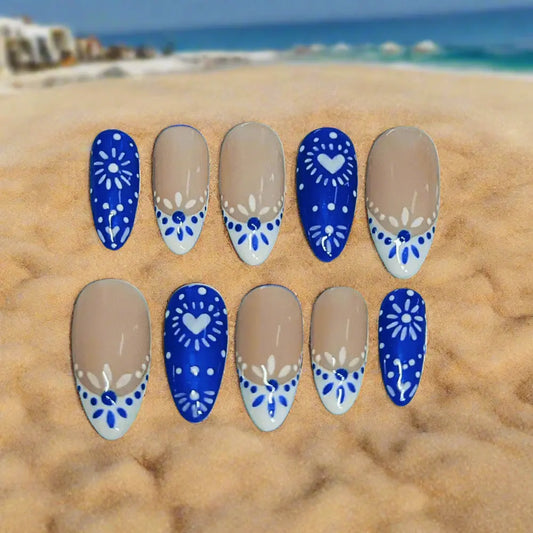 Blue Greek Porcelain Nails | Luxury Pattern Gel Press On Nails | Reusable Artificial Nails Product vendor   Nikki Nailed it