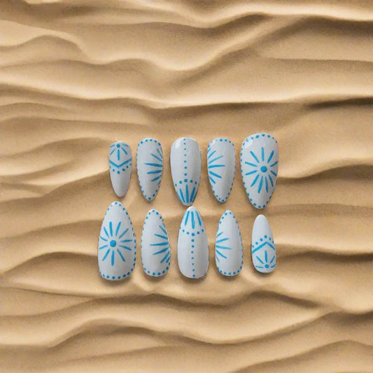 Blue and White Greek Tile Nails - Luxury Reusable Press On Nails UK - 10pc Summer Collection Product vendor   Nikki Nailed it