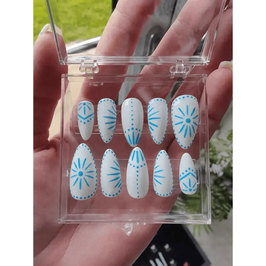 Blue and White Greek Tile Nails - Luxury Reusable Press On Nails UK - 10pc Summer Collection - Nikki Nailed it