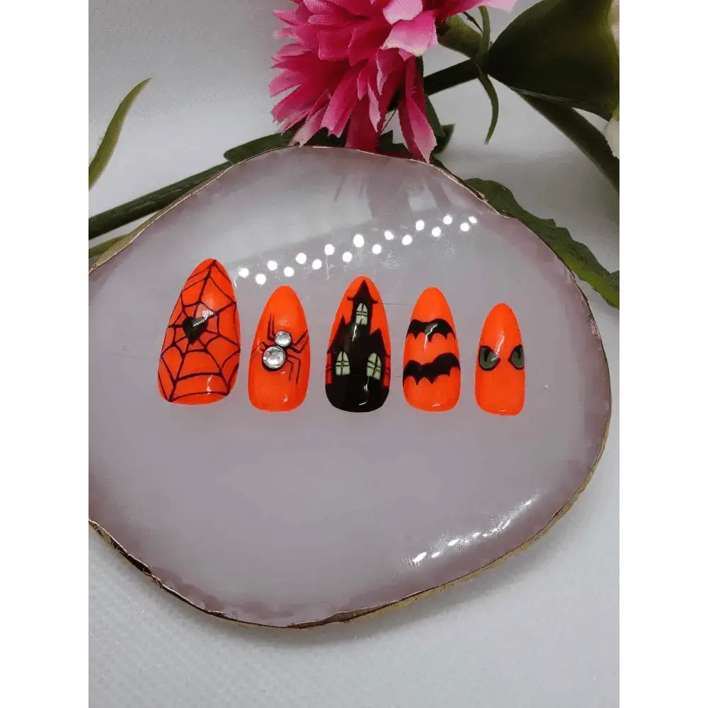 Halloween Haunted House Nails | Orange Press On Nails UK | Spider Web Design | 10pc Gel Luxury Artificial Nails - Nikki Nailed it