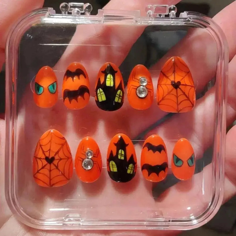 Halloween Haunted House Nails | Orange Press On Nails UK | Spider Web Design | 10pc Gel Luxury Artificial Nails - Nikki Nailed it