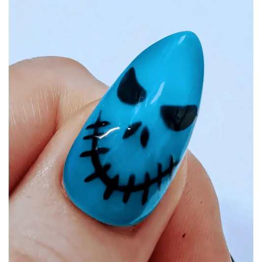 Halloween Press On Scary Face Nails | Neon Black Luxury Gel Nails Set | Reusable 10pc Artificial Nails - Nikki Nailed it