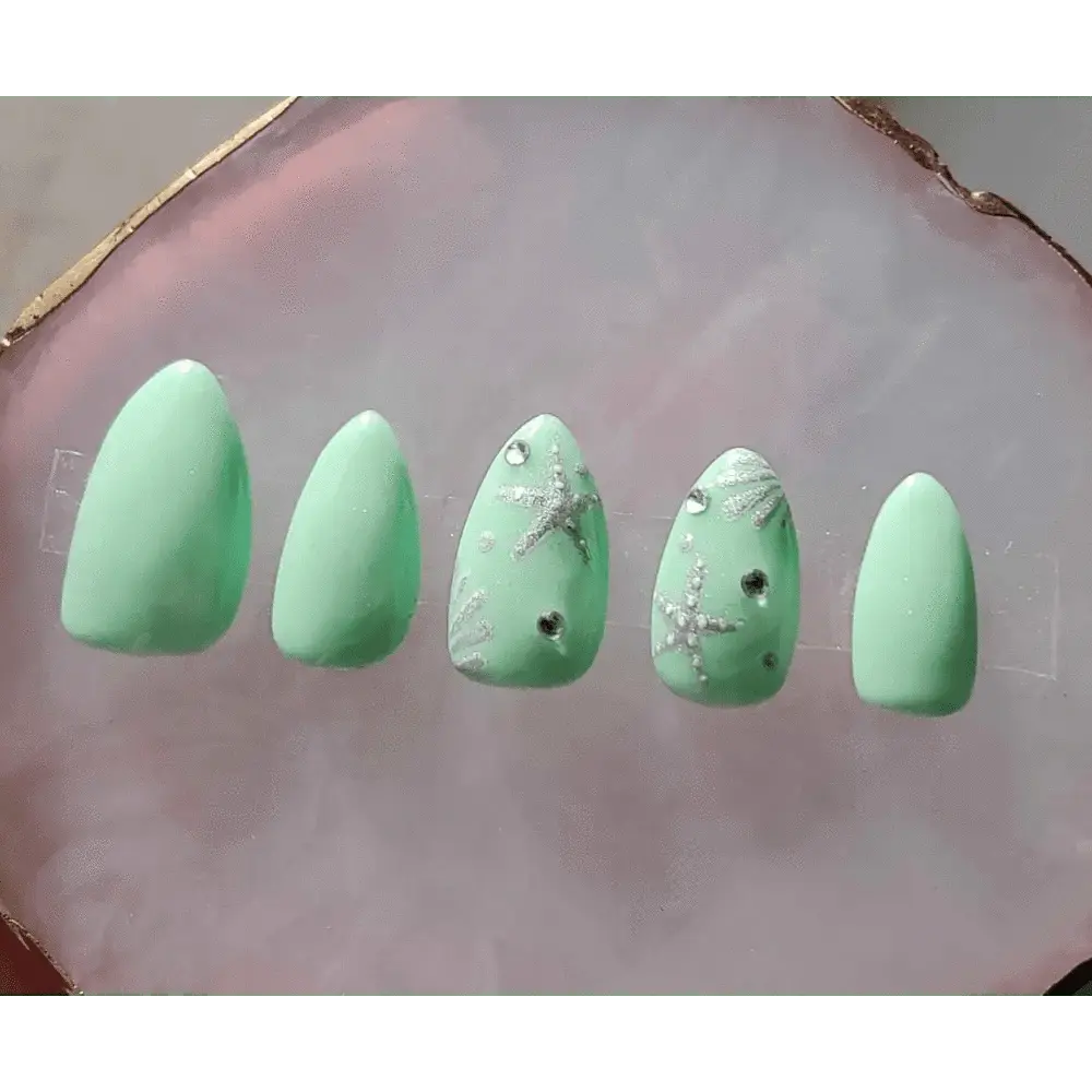 Mermaid Mint Green Sea Foam Nails | Luxury Chrome Ocean Design | 10pc Reusable Artificial Nail Set UK - Nikki Nailed it