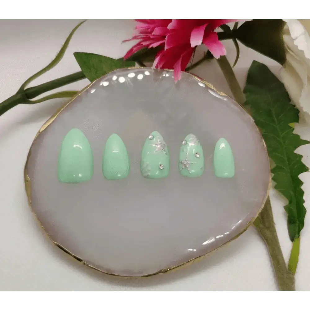 Mermaid Mint Green Sea Foam Nails | Luxury Chrome Ocean Design | 10pc Reusable Artificial Nail Set UK - Nikki Nailed it