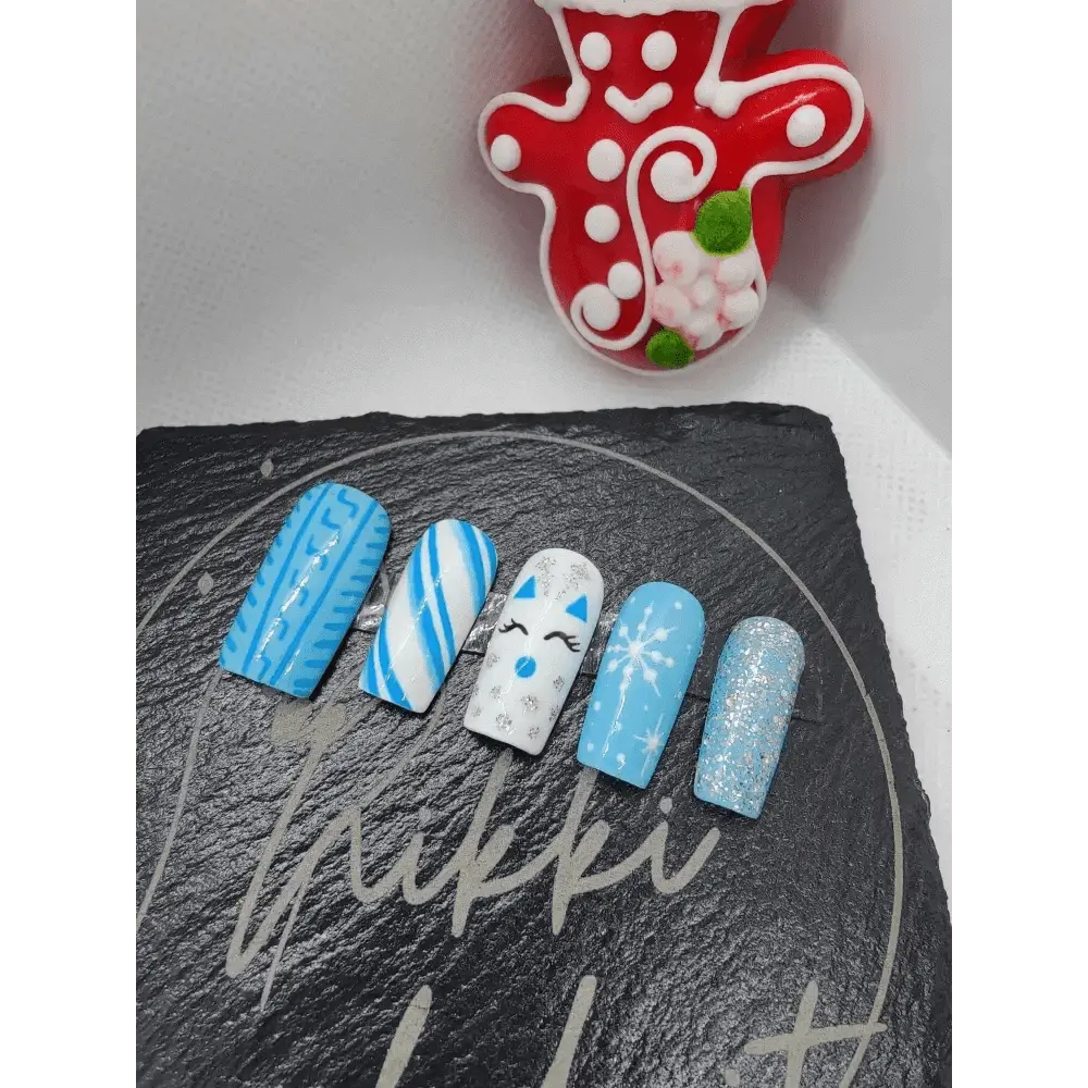 Nailmas Day 01 Blue Sweater Nails | Winter Blue Nails | Hand Painted Luxury 10pc Set - Nikki Nailed it