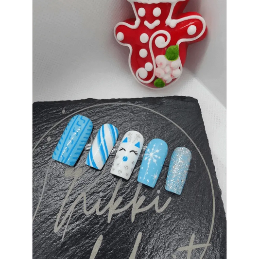 Nailmas Day 01 Blue Sweater Nails | Winter Blue Nails | Hand Painted Luxury 10pc Set - Nikki Nailed it