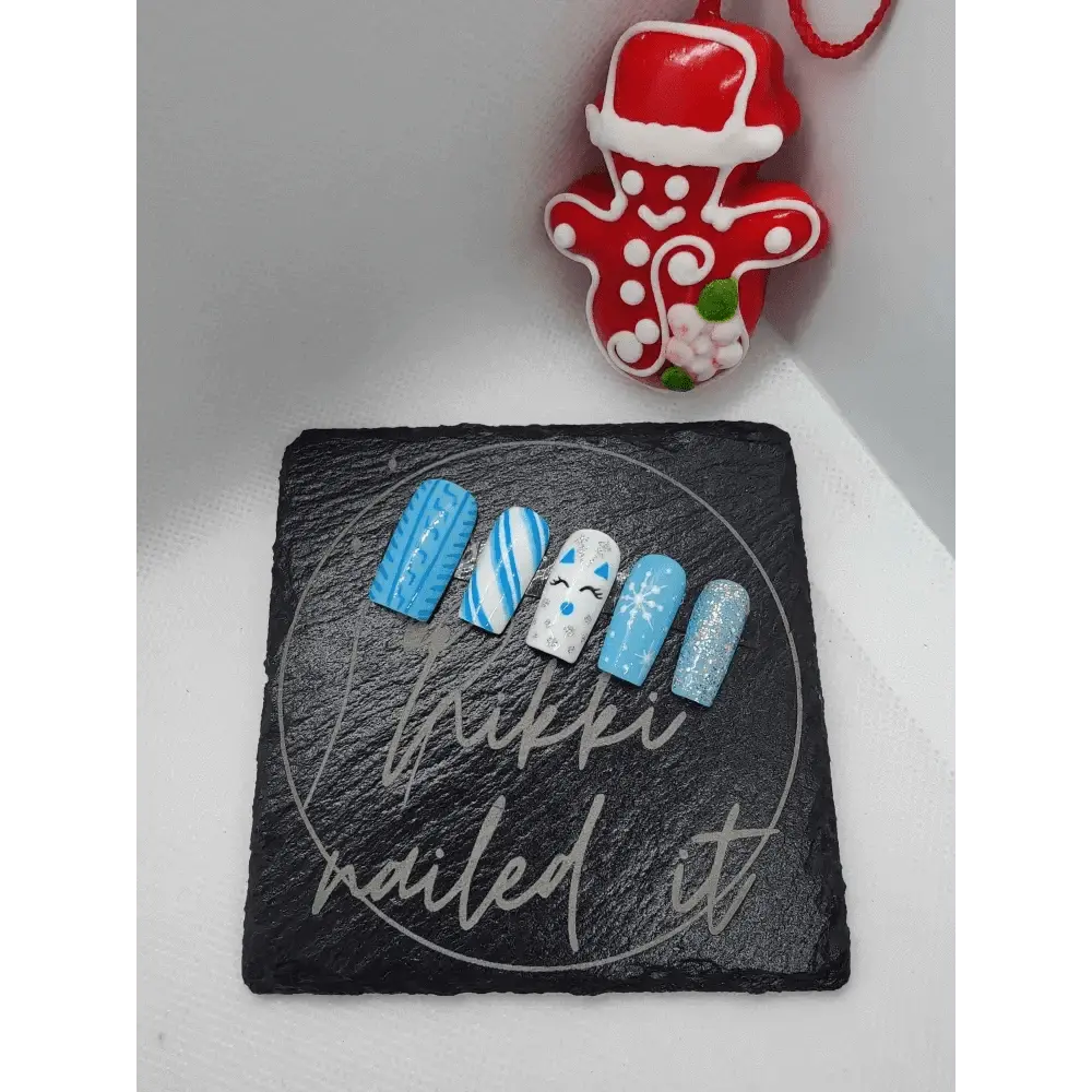 Nailmas Day 01 Blue Sweater Nails | Winter Blue Nails | Hand Painted Luxury 10pc Set - Nikki Nailed it